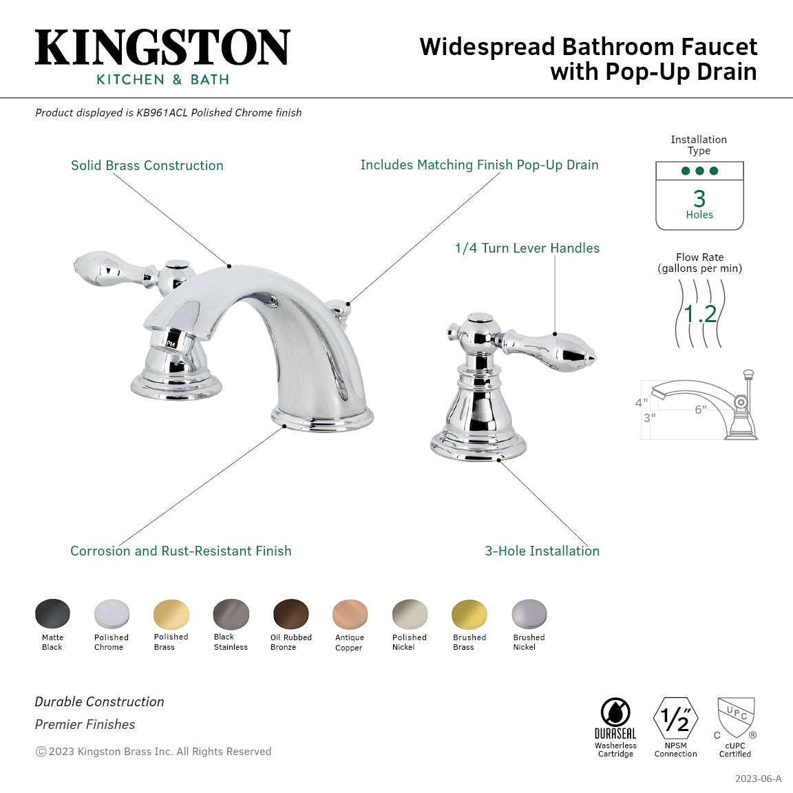 Kingston Tulare KB962ACL - American Classic Two-Handle 3-Hole Deck Mount Widespread Bathroom Faucet with Pop-Up Drain, Polished Brass — thumbnail 2